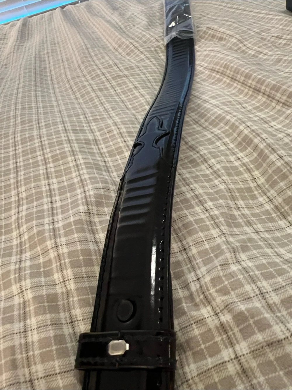Lucchese Black Patent Leather Belt with Engraved Silver Buckle